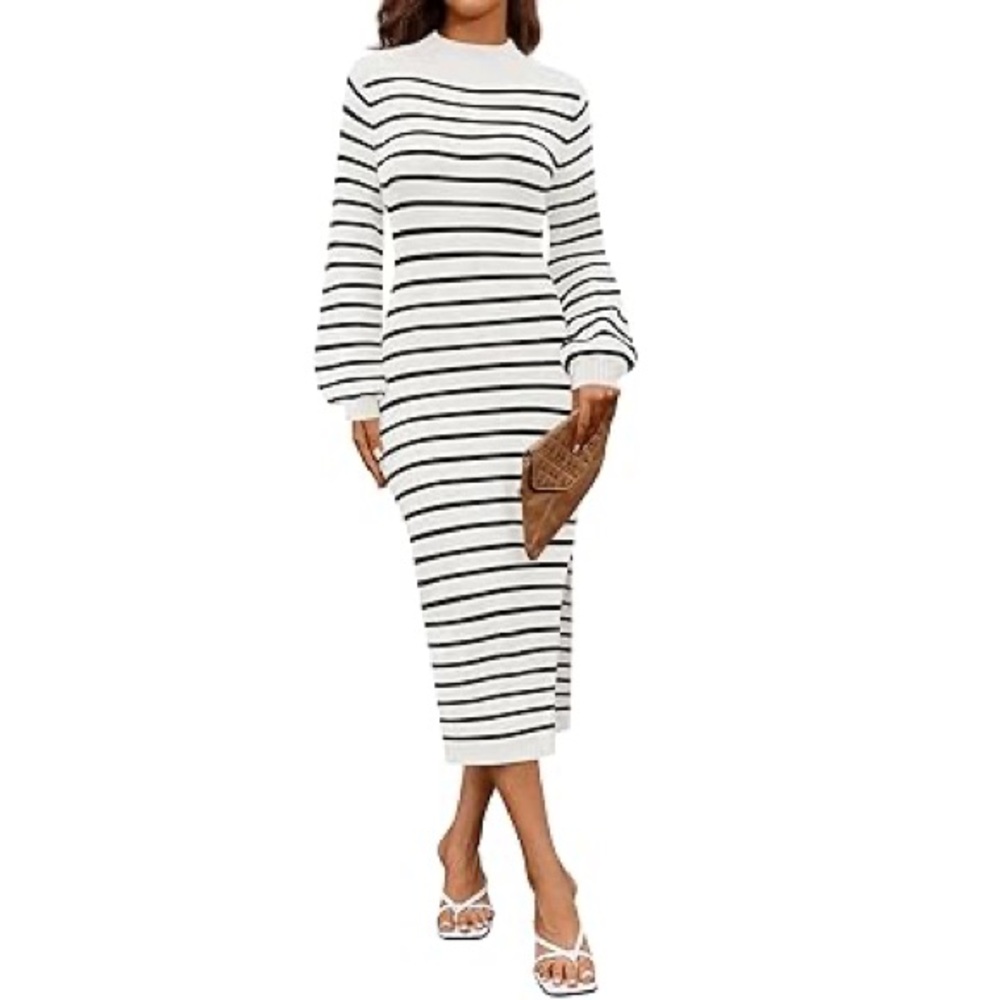 MIROL Mujer Mock Neck Striped Dress Long Puff Sleeve Side Slit Knit Sweater Sz L - Picture 5 of 14